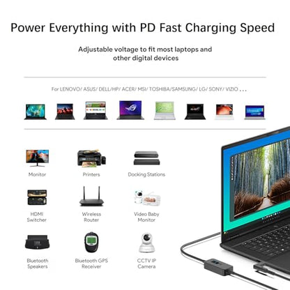 7Ft USB C to DC Adapter with Adjustable Output 5V-9V-12V-15V-20V-28V PD Fast Charging Cable Universal Charger 15PCS Connecor Tips DC Cable Kit Fit for Laptop Chromebook Phone Speaker USB Hub