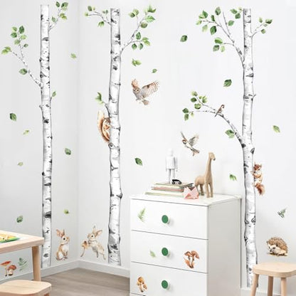 Large Birch Tree Wall Decals Forest Animal Stickers | Deer Rabbit Squirrel Owl Vinyl Wall Art Sticker Peel and Stick Decal for Baby Nursery Kids Room Home Decor (H: 60.2 In) - style: H60.2" White