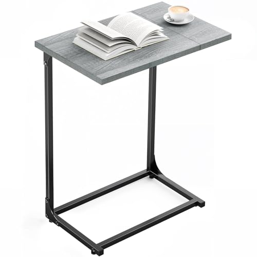 Pipishell C-Shaped Side Table, C Table for Sofa with Two-Piece Desktop & Metal Frame, Large Surface End Table for Living Room, Bedroom, Bedside, Rustic Design, Grey
