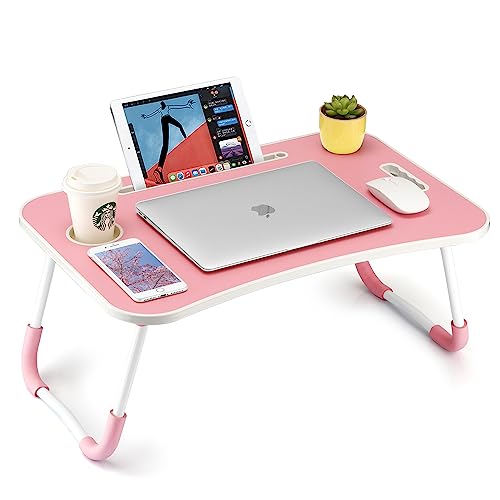 FISYOD Foldable Laptop Table, Portable Lap Desk Bed Table Tray, Laptop Stand with Cup Holder & Tablet Slot & Lifting Handle for Working Writing Drawing & Eating (Pink) - color: Pink