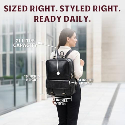 15.6" Luxury Black Leather Laptop Backpack for Men & Women. Leather Bag for Professional Use in Office & Business - color: Black