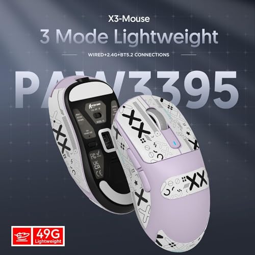 ATTACK SHARK X3 49g Ultra-Lightweight Wireless Gaming Mouse, Purple&Tape | Bluetooth 5.2/2.4G Wireless/Wired, PAW3395 Gaming Sensor, 26K DPI, 200h Battery Life, Programmable Buttons for PC/Mac/Win - color: Lavender & Griptape
