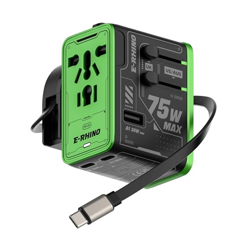 MFish 75W Universal Travel Adapter, 5-Port International Power Adapter with Retractable USB-C Cable, 3 USB-C & 1 USB-A + AC Outlet, Worldwide Wall Charger for MacBook, iPhone, iPad, EU/UK/US/AUS Black - color: Black