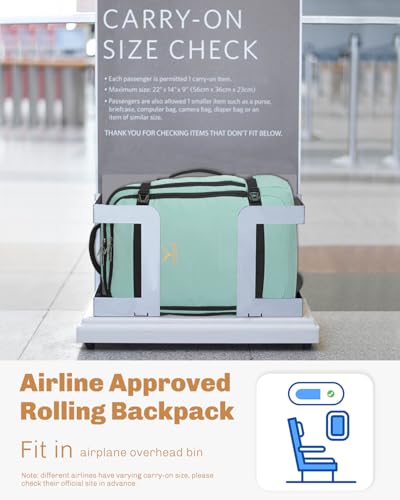 Hynes Eagle Rolling Backpack 42L Backpack with Wheels Airline Approved Carry on Luggage Laptop Travel Suitcase Bag for Women Men Mint Green - color: Mint Green