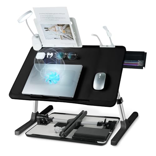 Adjustable Laptop Lap Desk with Cooling Fan USB Light for Adults 60x40cm,Black - color: Black,60*40cm
