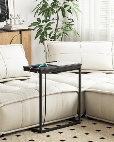 TUTOTAK Large C Shaped End Table, Side Table with Charging Station C Table | Tilting Laptop Stand with Storage, Computer Couch table for Living Room, Bedroom, Black TB01BK090 - color: Black, style: Plug