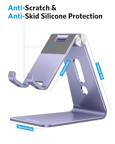 OMOTON Adjustable Cell Phone Stand, C2 Aluminum Desktop Cellphone Stand with Anti-Slip Base and Convenient Charging Port, Fits All Smart Phones, Haze Purple | Sturdy 3mm Aluminum, Charging Port, 270° Adjustable, Non-Slip Silicone Pads, Works with Thick Ca