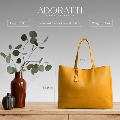 Italian Leather Tote Bag for Women - Large Shoulder Shopper, Fits 16” Laptop, Keychain Holder, Made in Italy - color: Yellow