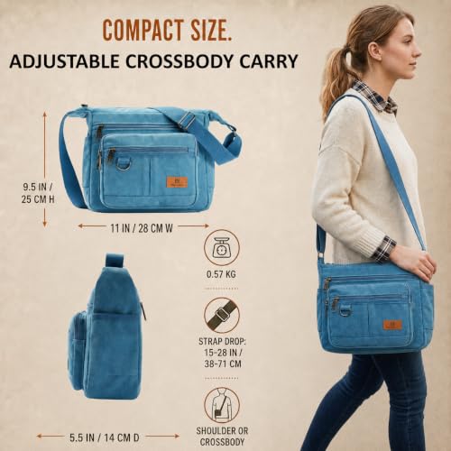 Rfid Crossbody Messenger Bag with Water Bottle Holders, 13 inch Laptop Shoulder Bag, Sling Satchel Purse w/Built-in Wallet - color: Sky Blue
