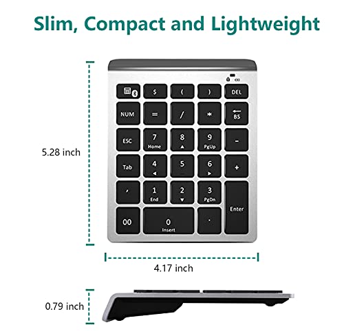 Lekvey Bluetooth Number Pad, 10 Keys Numeric Keypad Portable Wireless Bluetooth Keypad : 28-Key Numpad Extensions for Financial Accounting Data Entry for Laptop Surface Pro Tablets Windows, Silver - color: Silver