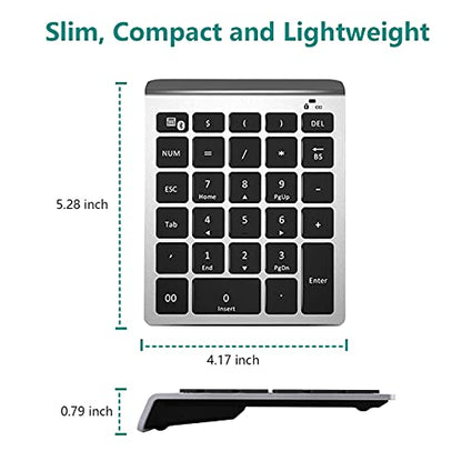 Lekvey Bluetooth Number Pad, 10 Keys Numeric Keypad Portable Wireless Bluetooth Keypad : 28-Key Numpad Extensions for Financial Accounting Data Entry for Laptop Surface Pro Tablets Windows, Silver - color: Silver