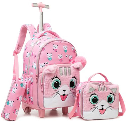 Kids Fluffy Cat Rolling Backpack for Girls, Pink School Bags | Trolley Suitcases Luggage Travel with Wheels Bookbag Wheeled 3PCS Roller Backpacks Set Toddler Back Pack Elementary - color: Pink-0121-maorong-mao