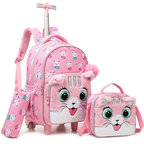 Kids Fluffy Cat Rolling Backpack for Girls, Pink School Bags | Trolley Suitcases Luggage Travel with Wheels Bookbag Wheeled 3PCS Roller Backpacks Set Toddler Back Pack Elementary - color: Pink-0121-maorong-mao