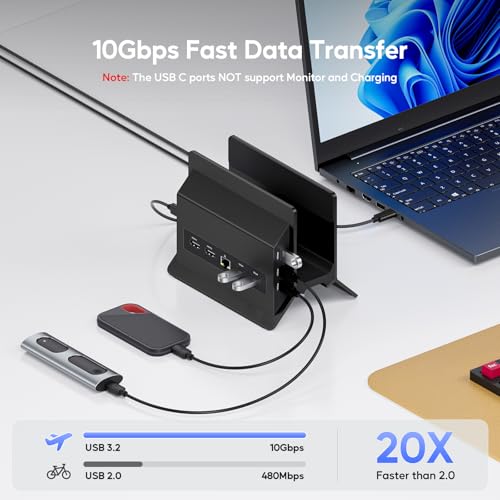 USB C Laptop Docking Station Dual Monitor, 11 in 1 Vertical Dock with 2 HDMI 4K, 3 USB A/C 10Gbps, 2USB-A 5Gbps, USB A 2.0, Ethernet, Docking Station Stand for Type-C Laptops - Black