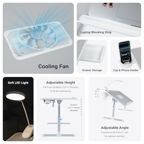 Adjustable Laptop Lap Desk with Cooling Fan USB Light for Adults - color: Grey,70x45cm