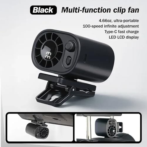 Car Clip on Fan with LED Display, Backseat Fan, USB Rechargeable Powerful Cooling Fans, 360° Rotation, 100 Speeds Adjustable, USB Rechargeable, 2025 New Clip on Fans for Car (White)