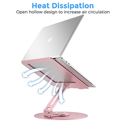 Swivel Laptop Stand for Desk, Adjustable Height Aluminum Computer Stand with 360 Rotating Base, Foldable Ergonomic Riser, Portable Laptop Holder Compatible with MacBook, All Laptops 10-17'', Pink - color: Pink