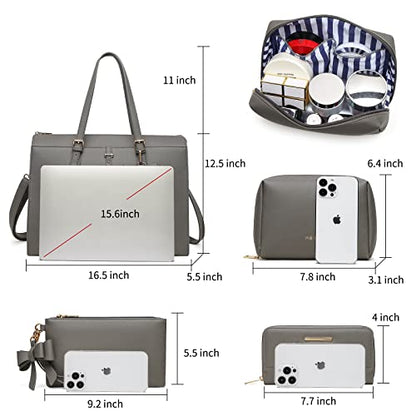 Keyli 4pc Sets Laptop Bag for Women Large Leather Laptop Briefcase with USB Charging Port Computer Shoulder tote Bags Purse - color: Gray