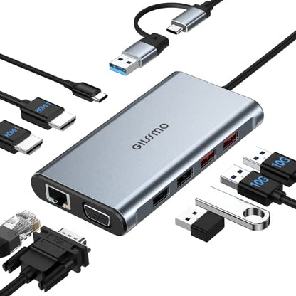 USB Docking Station Dual Monitor, GIISSMO 9-in-1 USB A 3.0 / USB C Docking Station Triple Monitor with 2 HDMI,VGA, 10Gbps USB 3.1, Gigabit Ethernet, Triple Display for Mac & MacBook & Windows Laptop - color: Grey