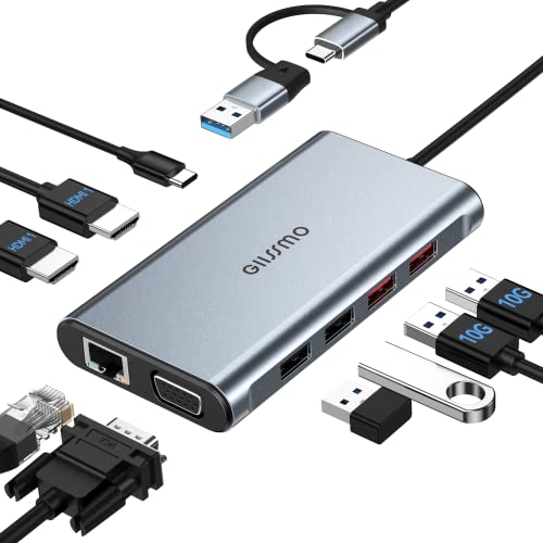 USB Docking Station Dual Monitor, GIISSMO 9-in-1 USB A 3.0 / USB C Docking Station Triple Monitor with 2 HDMI,VGA, 10Gbps USB 3.1, Gigabit Ethernet, Triple Display for Mac & MacBook & Windows Laptop - color: Grey
