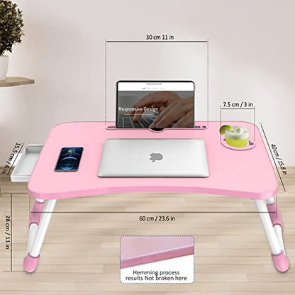 Zapuno Multi-Function Laptop Bed Table with Storage Drawer and Cup Holder, Lap Desk Stand Tray for Eating, Reading and Working - color: Pink