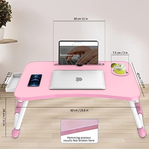 Zapuno Multi-Function Laptop Bed Table with Storage Drawer and Cup Holder, Lap Desk Stand Tray for Eating, Reading and Working - color: Pink