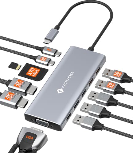 NOVOO 12-in-1 Docking Station Dual Monitor, USB C Hub with HDMI 4K, VGA | Laptop Docing Station with USB 10Gbps, SD/TF, 100W PD, Multiport Adapter Compatible with MacBook Dell HP Surface - style: 12-in-1