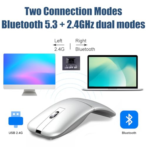 Foldable Arc Wireless Mouse Silent Click Bluetooth 5.3 and 2.4GHz | Dual Modes Portable Curved Mouse for Home, Office, Travel (Silver) - color: Silver