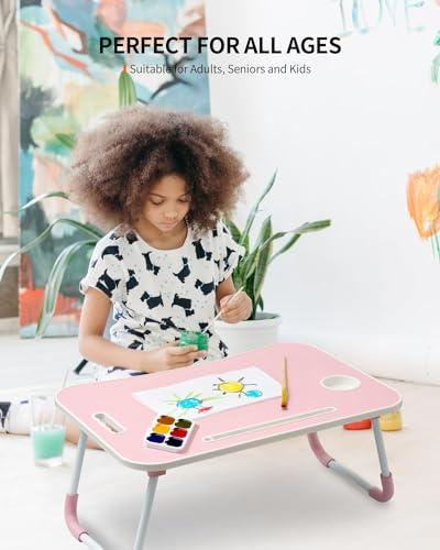 FISYOD Foldable Laptop Table, Portable Lap Desk Bed Table Tray, Laptop Stand with Cup Holder & Tablet Slot & Lifting Handle for Working Writing Drawing & Eating (Light Pink) - color: Light Pink