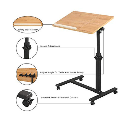 TigerDad Overbed Bedside Desk Mobile Rolling Laptop Stand Tilting Overbed Table with Wheels Height Adjustable Tray Table for Laptop Bed Sofa Side Table (Wood) - color: Wood