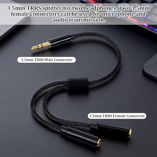 2 Pack 3.5mm TRRS Splitter for 2 Headphones Aux Splitter1 in 2 Out Dual Female Headset Adapter Audio Jack Splitters for Audio Mic Headset Split Y Cord Two Way for Phone Tablet Laptop
