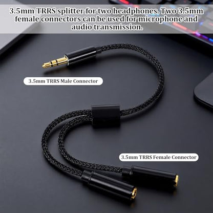 2 Pack 3.5mm TRRS Splitter for 2 Headphones Aux Splitter1 in 2 Out Dual Female Headset Adapter Audio Jack Splitters for Audio Mic Headset Split Y Cord Two Way for Phone Tablet Laptop