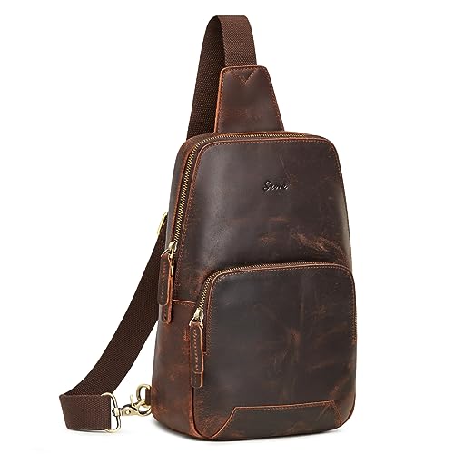 S-ZONE Sling Bag for Men Women RFID Blocking Genuine Leather Crossbody | Top Grain Leather, Vintage Chest Bag, Hiking Daypack Travel Outing Shopping, Anti-theft, Multi Pockets - color: Dark Brown