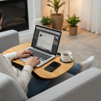 Lap Desk for Laptop with Cushion, Cup Holder-Fits up to 18 inch | Bamboo Computer Laptop Stand with Phone Hoder, Anti-Slip Stopper - size: 21.6"x13.8" with Cup Holder