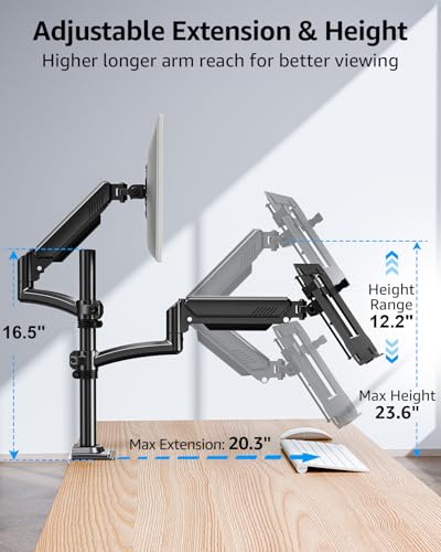MOUNTUP Laptop and Monitor Desk Mount, Laptop Tray for Max 17" Notebook, Monitors Arm Fits up to 32" Monitor, Laptops Arm Holds 4.4-22lbs, 2-in-1 Tall Laptops Mount with Clamp/Grommet - size: Dual, style: With Pole
