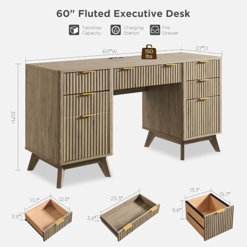 T4TREAM Fluted Executive Desk with Drawers, 60" Modern Home Office Computer Desk with Charging Station, File Cabinet, Keyboard Tray and Storage Cabinet for Study, Living Room, Bedroom, Alder Grey - color: Alder Grey