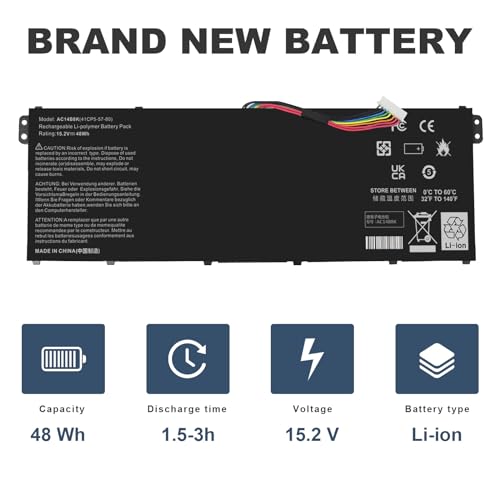 AC14B8K Laptop Battery for Acer Aspire R3-131T R5-471T R5-571T R5-571TG E3-111 E3-112 ES1-511 ES1-512 ES1-531 ES1-520 ES1-111M R7-371T R7-372T V3-111 fits KT.0040G.004, KT0030G.004, 3ICP5/57/80 - size: 11.13*2.15*0.77inch AC14B8K