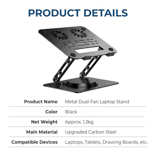 Laptop Stand for Desk with Dual Quiet Cooling Fans - 360° Rotating Base Ergonomic Computer Stand, Heavy-Duty Carbon Steel Laptop Riser Foldable Portable for Office Home (Black)