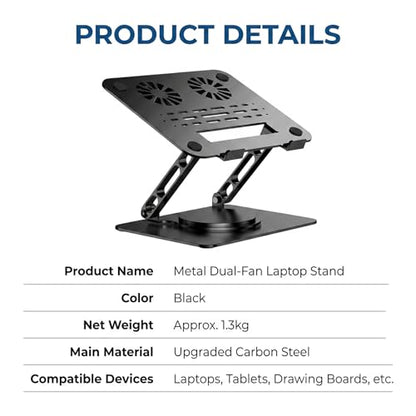 Laptop Stand for Desk with Dual Quiet Cooling Fans - 360° Rotating Base Ergonomic Computer Stand, Heavy-Duty Carbon Steel Laptop Riser Foldable Portable for Office Home (Black)