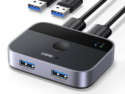 UGREEN USB 3.0 Switch 2 in 2 Out, USB Switcher 2 Computers Sharing Keyboard and Mouse Printer Scanner Webcam, Printer Splitter for 2 Computers, 2 Port USB Selector Switch with 2 USB3.0 Cables