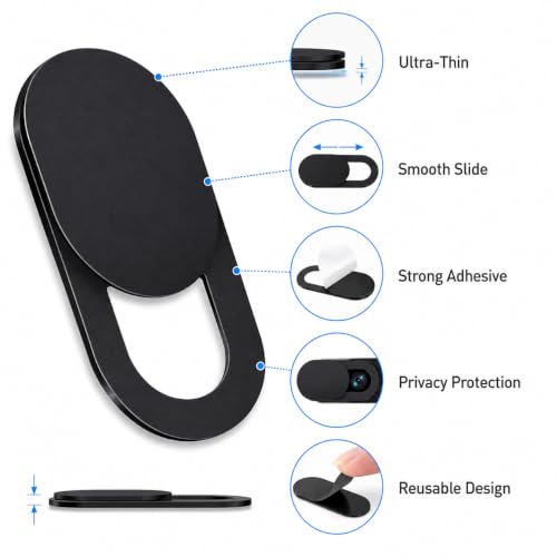 Webcam Cover 6-Pack - Ultra-Thin Camera Privacy Slide for Laptop, MacBook, iPad, Cell Phone & Tablet, Slim Reusable Webcam Blocker for Privacy Protection, Black