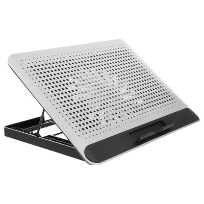 Aluminum Alloy Laptop Cooling Pad with Dual USB Ports Quiet Thin Notebook Cooler Stand for Laptops Up to Ergonomic Angles Skid-Resistant Computer Fan Support Frame in Silver