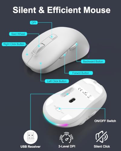 EDJO Wireless Keyboard and Mouse Combo, 10 Backlit Effects, Rechargeable 2.4GHz Silent Full-Size Light Up USB Keyboard with 6 Button RGB Mouse for Laptop, Computer, PC - color: White