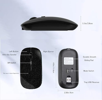 WREANU Wireless Bluetooth Mouse, Rechargeable Laptop Mice, Bright Black | Silent Slim Dual Mode(BT 5.2 & 2.4G Portable USB Receiver) Computer Mouse for Laptop/iPad/Tablet/Apple/Computer/Mac - color: Bright Black