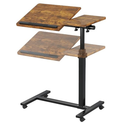 Adjustable Overbed Table with Wheels, Versatile Bedside Laptop Desk with 180° Flip Top, Height Adjustable Rolling Side Table for Bed, Sofa, or Recliner, Brown - color: Rustic Brown