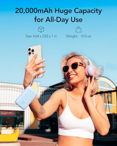VIYISI Portable Charger 20000mAh 30W Fast Charging, Sky Blue Cute Power Bank with Built-in USB C & Lighting Cables, Compact Aesthetic Battery Pack Compatible with iPhone 17 16 15 Pro Max iPad, iPod - color: Blue