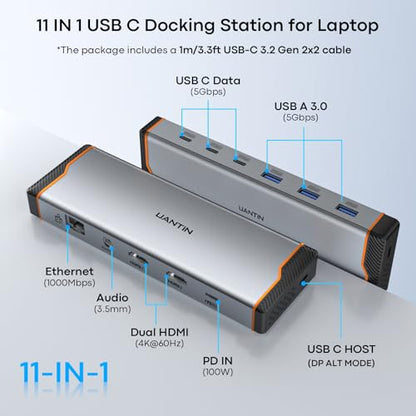 UANTIN 11-in-1 Docking Station Dual Mnoitor [Cable 3.3FT/1M] Dual HDMI 4K@60Hz, 5Gbps USB-A & C, 100W PD, Gigabit Ethernet, Audio, Aluminum Laptop Docking Station for Windows/Dell/HP/Lenovo/Asus