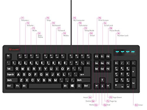 New 104-Key Large Print USB Wired 7ft, Spill-Resistant, Sleek Black, Durable Keyboard for Laptop, Mac, TV, and Computer (Black) - color: Black