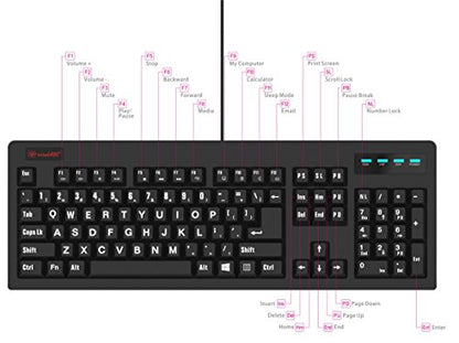 New 104-Key Large Print USB Wired 7ft, Spill-Resistant, Sleek Black, Durable Keyboard for Laptop, Mac, TV, and Computer (Black) - color: Black