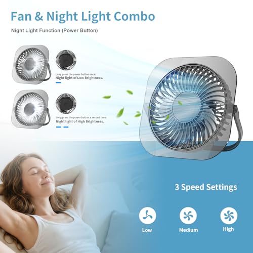 Antarctic Star Ultra-Thin USB Desk Fan, Personal Portable Desktop Cooling Fan with 3 Speeds & Night Light, 5W Powerful Quiet Small Fan for Bedroom Office Home, Powered by USB Cable - color: BLACK